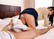 可愛い女子が後ろ向きでパンティを見せながら靴下コキしてます